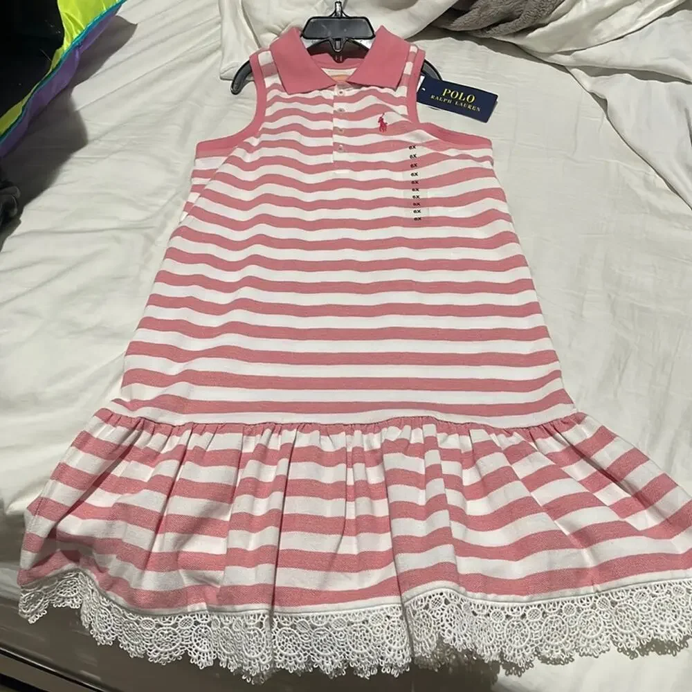 Ralph Lauren 6x faded red white stripe drop waist dress ruffled lace hem nwt